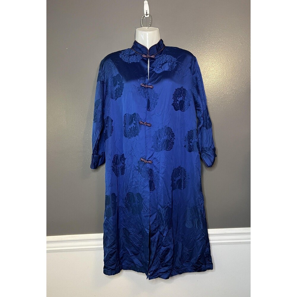 Vintage Queen Kaftan Dress Womens Medium Blue Floral Satin Button Long 70s